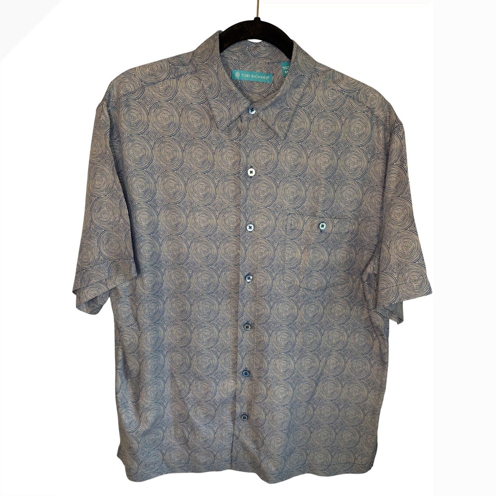 Tori Richard Mens Silk Lyocell Geometric Circle Print Button Up Shirt Blue M